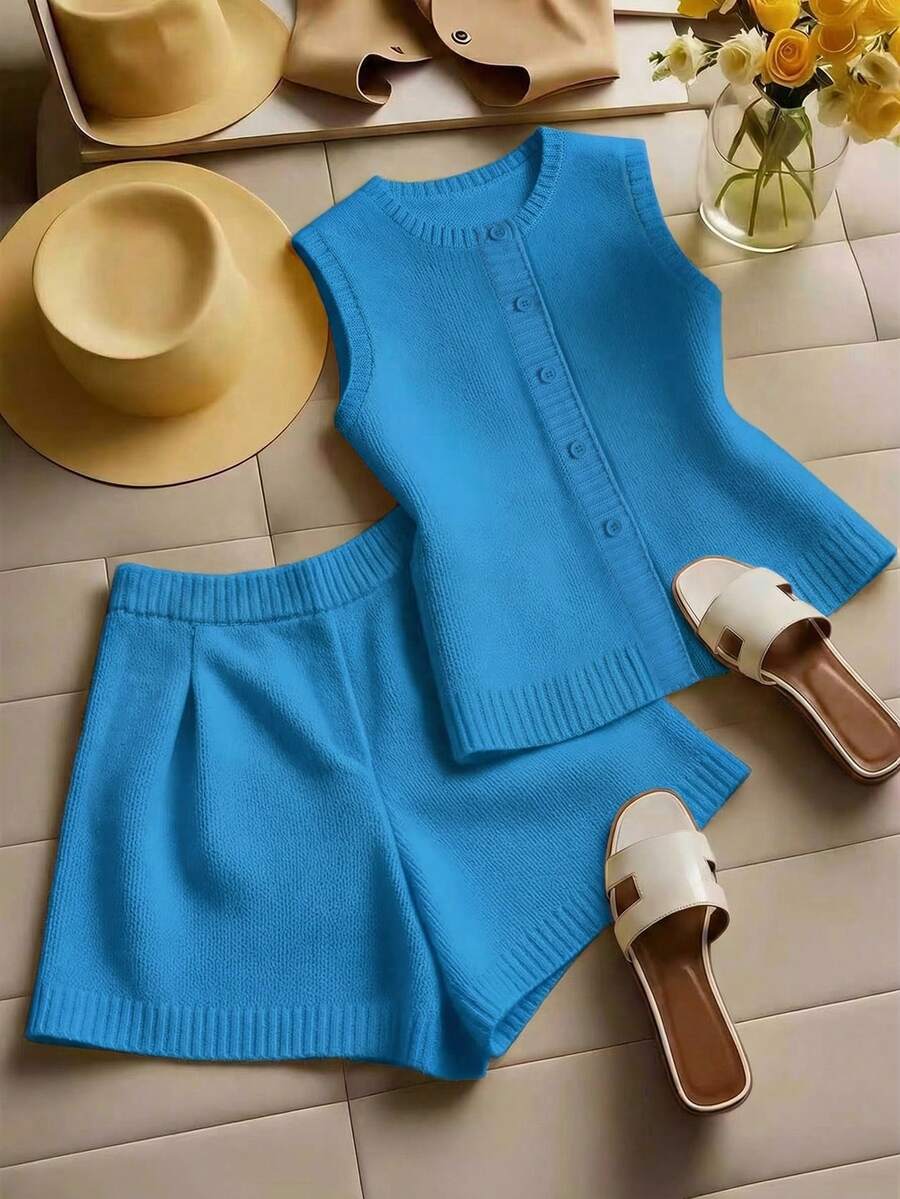 GlowEve Bộ áo len nữ kiểu dáng retro mới, cổ tròn, màu trơn, gồm áo khoác cardigan và quần short, thích hợp mặc hàng ngày, gồm 2 món. - Xanh đậm - Xem 1