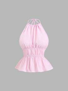 SHEIN Sweetro Spring/Summer Romantic Girl Pink Ruffle Striped Halter Loose Straight Leg Elastic Waist Pants 2 Pieces Set - Pink - View 5