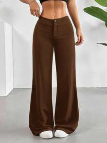 SHEIN EZwear 大码棕色休闲高腰直筒裤 - 棕色 - 查看 6