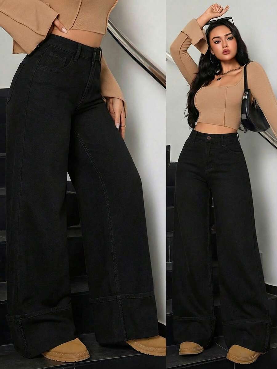 SHEIN Tall 冬季女士休闲水洗复古时尚卷边阔腿牛仔裤