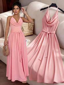 Xyvia Sleeveless Spaghetti Strap Waist Gathered A-Line Elegant Romantic Dress For Women - Dusty Pink - View 3