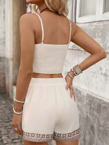 Brillora Bộ đồ nữ phong cách Bohemian thêu hoa gồm áo hai dây và quần short, thích hợp cho kỳ nghỉ và đi biển. - Màu Khaki - Xem 8