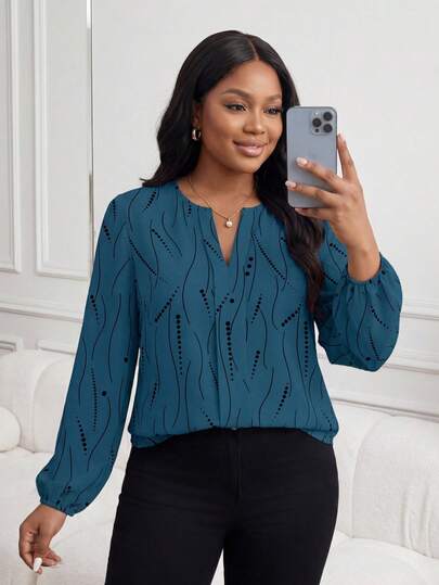 SHEIN Lady CURVE 大码休闲波尔卡圆点条纹长袖衬衫，适合秋季