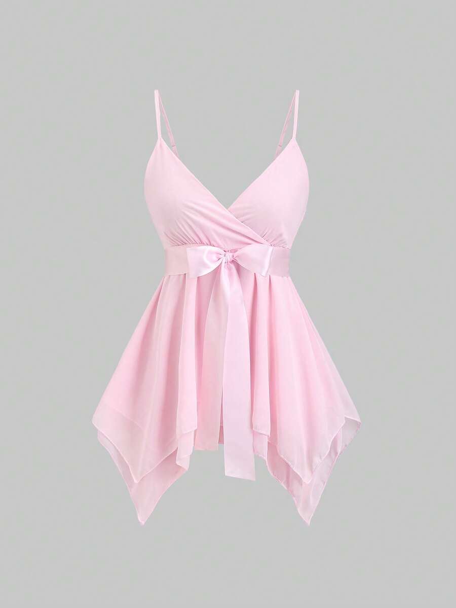 Sweetra Áo camisole nữ màu trơn mới, thắt eo nhún bèo, kiểu dáng thường ngày, đa năng, thích hợp mặc hàng ngày. - Hồng - Xem 1