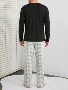Cottnline Men's Casual Printed Long Sleeve T-Shirt And Pants Pajama Set - Black - View 2