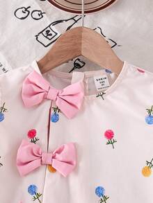 SHEIN Young Girl Woven Colorblock Round Neck Floral Puff Sleeve Dress - Multicolor - View 9