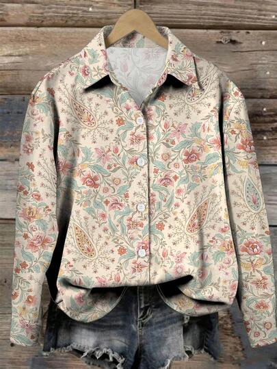 EMERY ROSE Women's Floral Print Blouse, Artistic Graphic Pattern, Lightweight Elegant Casual Shirt For Summer