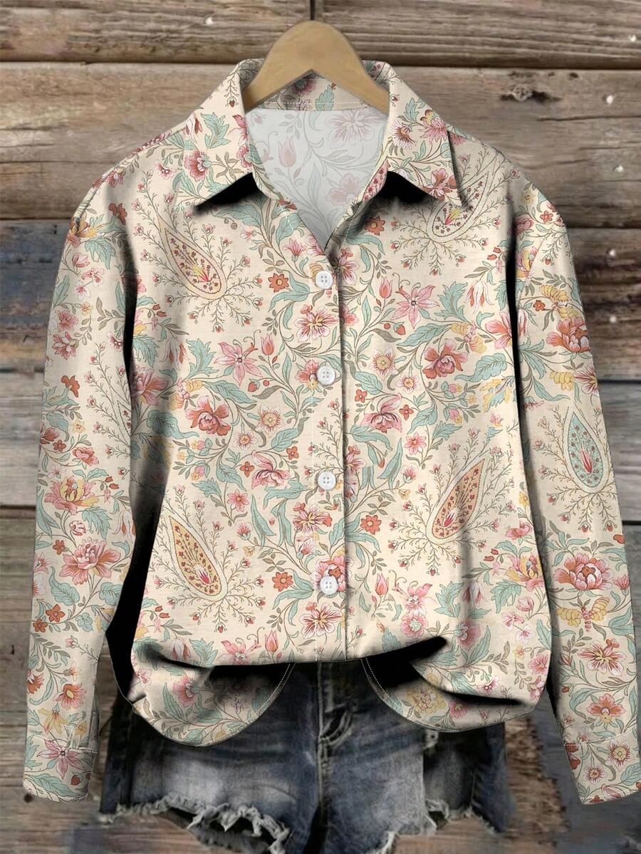 EMERY ROSE 女士印花衬衫，艺术图案，轻盈优雅的夏季休闲衬衫 - 白色 - 查看 1