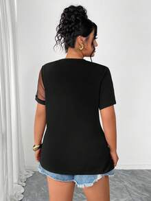 Elenzga Plus Size T-Shirt With Beaded Mesh Short Sleeve Round Neck - Black - View 2
