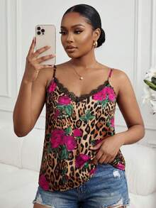 SHEIN Lady ملابس علوية كامي أنيق بطبعة الفهد والورود للصيف، قاعدة سوداء مع تصميم لحاء الدانتيل، مناسب للعطلات والمواعيد والحفلات، قمصان نسائية بطبعة الفهد والزهور والدانتيل - متعدد الألوان - View 3