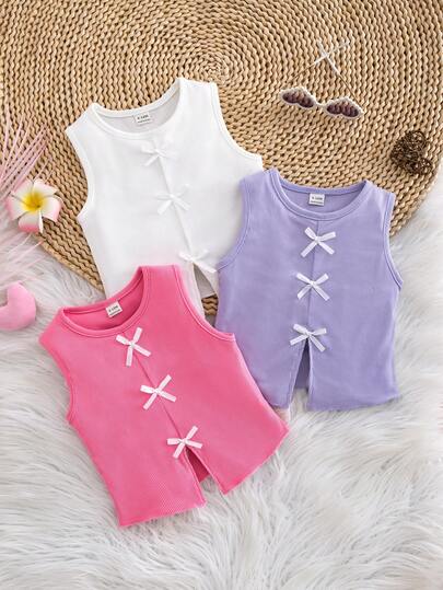 SHEIN 3pcs/Set Girls' Sweet Casual Bowknot Decor Sleeveless Tank Top