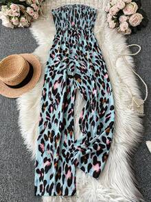 SHEIN Clasi Plus Size Women Strapless Ruched Leopard Print Jumpsuit, Summer - Mint Blue - View 2