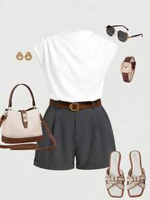 DreamSkyne Plus Size Women Casual Minimalist Shorts Suit - Dark Grey - View 1