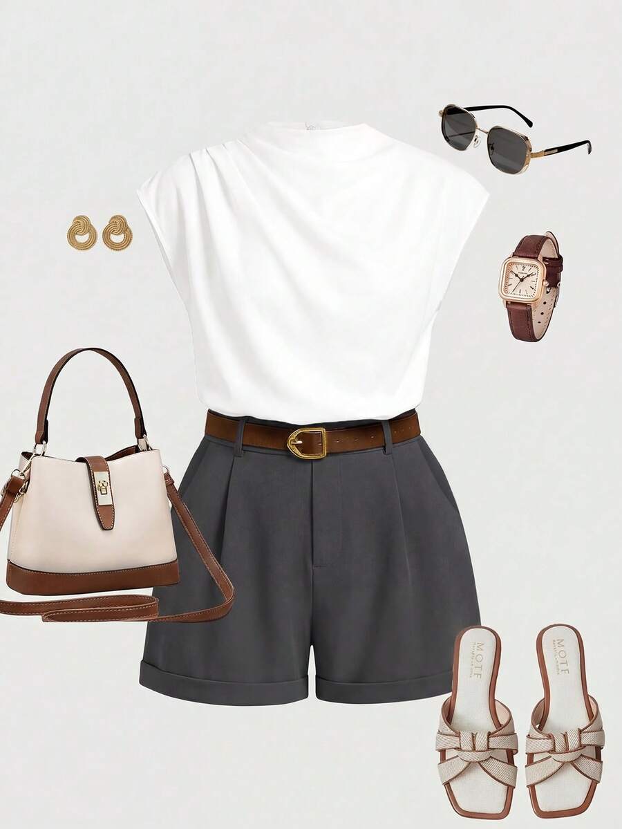 DreamSkyne Plus Size Women Casual Minimalist Shorts Suit - Dark Grey - View 1