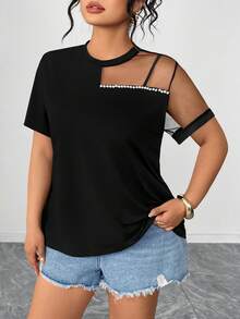Elenzga Plus Size T-Shirt With Beaded Mesh Short Sleeve Round Neck - Black - View 5