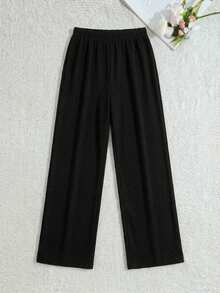 WovenCharm Women Waffle Fabric Wide Leg Lounge Pants - Black - View 2