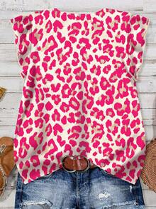 Rusticease Women's Leopard Print Button Fly Cap Sleeve Casual Blouse, Suitable For Summer - Pink - View 2