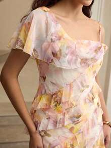 ZEYLAH Printed Asymmetric Ruffle Hem Elegant Dress - Yellow - View 2