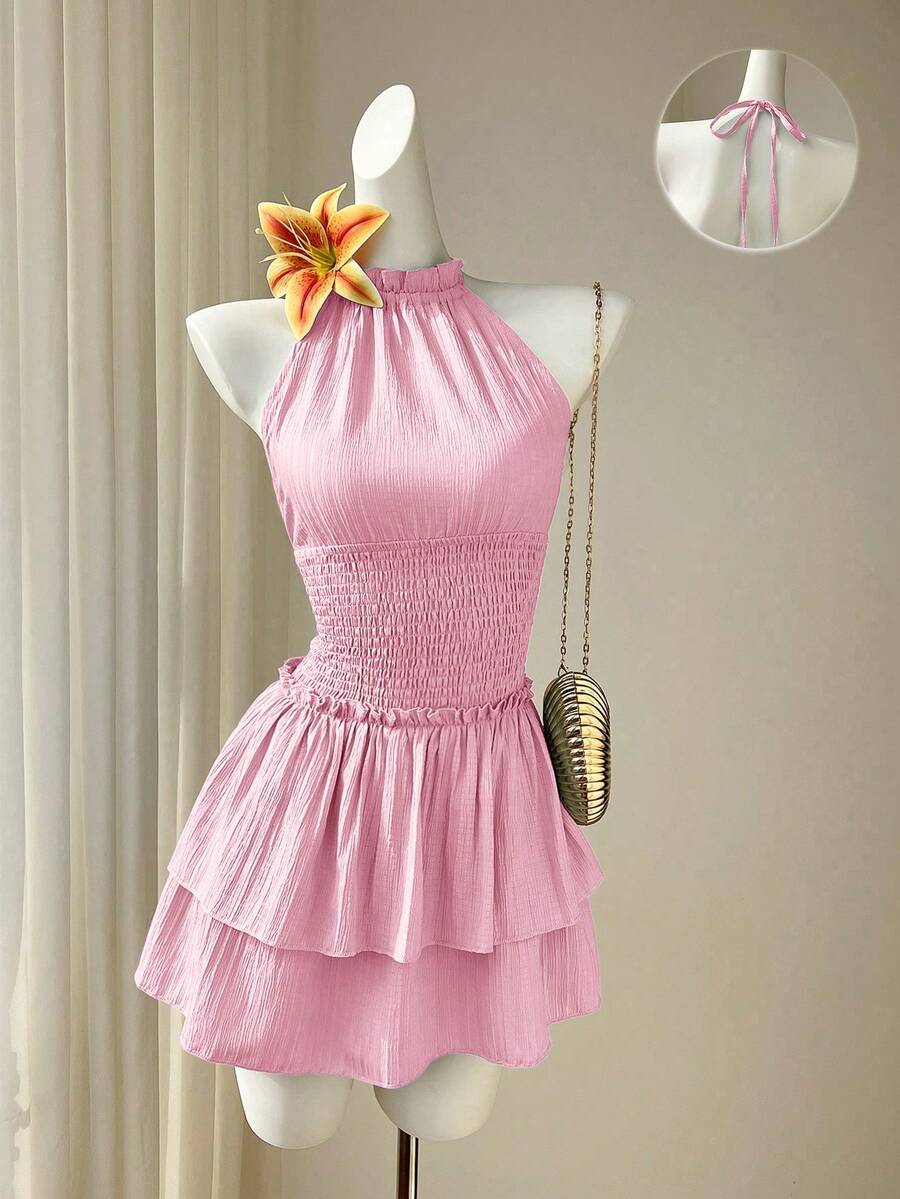 Flirla Women's Light Blue Summer Halter Backless High Stretch Waist Fitted Ruffle Hem Design Sexy Sweet Date Party Vacation Dress - Pink - View 1