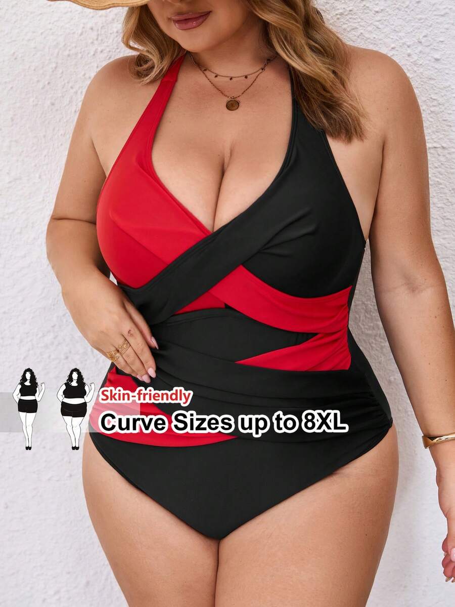SHEIN CURVE+ 2026 New Plus Size Women 1pc Color Block V-Neck Halter One-Piece Swimsuit Summer,Vacation & Beach For Summer,Beach Outfits For Woman,Bathing Suits - Red - View 1