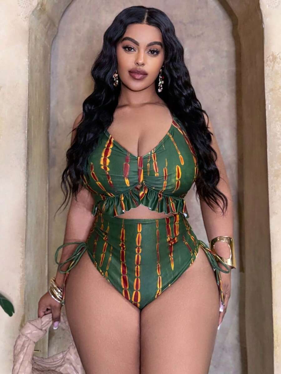 Slaydiva Plus Size One-Piece Swimsuit, Minimalist Design For Daily Wear, Women Summer Beach Outfit - Multicolor - View 1