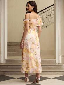 ZEYLAH Printed Asymmetric Ruffle Hem Elegant Dress - Yellow - View 3