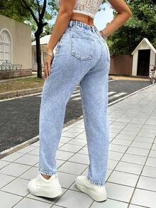 SHEIN PETITE Quần jean denim nữ dáng ôm, ống côn, dài đến 7/8, màu xanh dương, cạp thấp, dáng rộng, ống loe, quần jean nữ cỡ nhỏ. - Rửa nhẹ - Xem 7