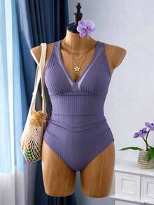 Swim Vcay Plus Size Summer Vacation Beach Solid Color Ribbed V-Neck Mesh Patchwork One-Piece Swimsuit - Purple - View 6
