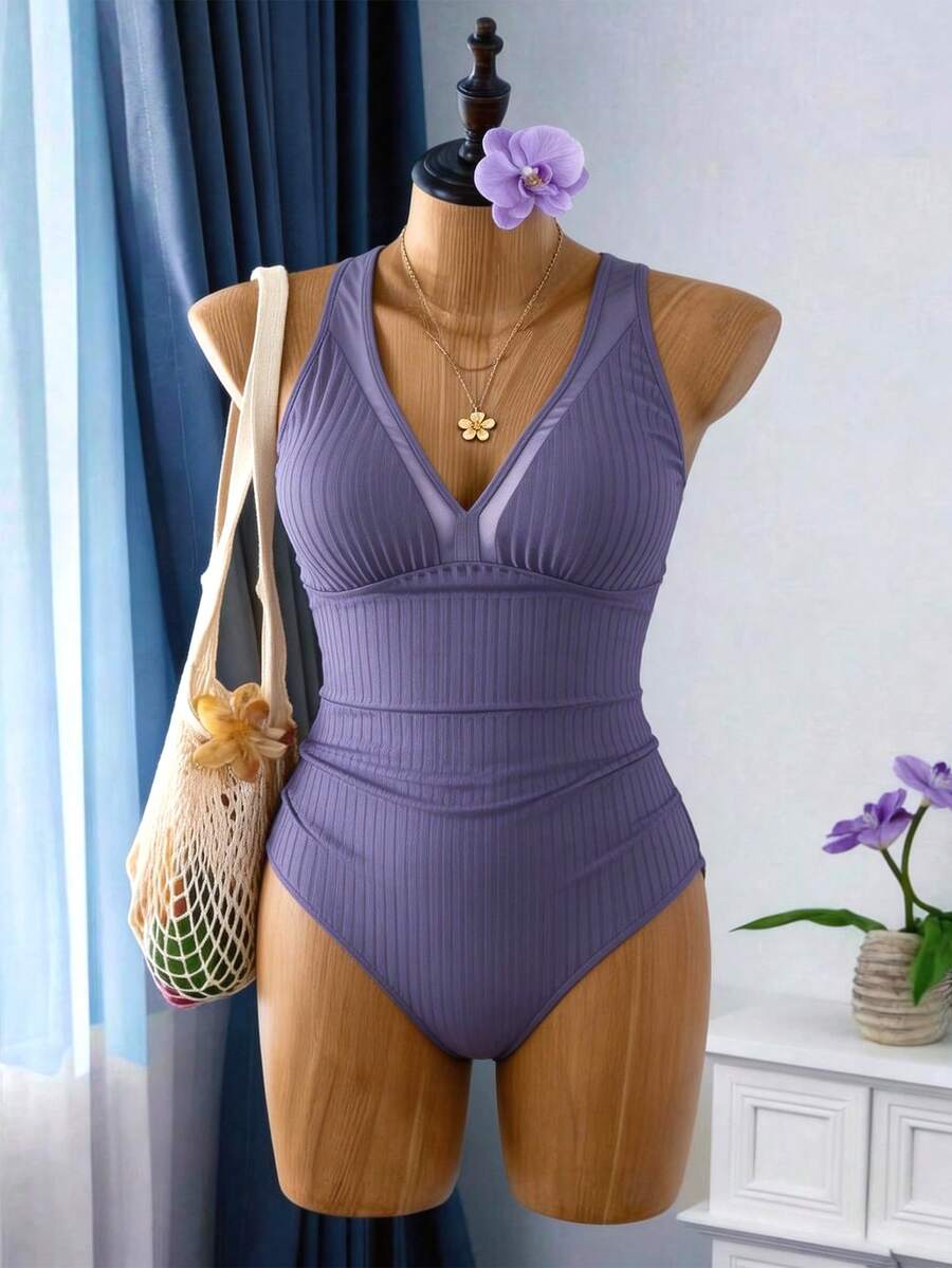 Swim Vcay Traje de baño de una pieza con escote en V acanalado, parches de malla y unicolor para vacaciones de verano, talla grande - Morado - Ver 1
