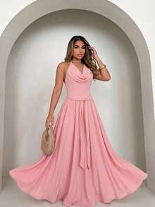 Xyvia Sleeveless Spaghetti Strap Waist Gathered A-Line Elegant Romantic Dress For Women - Dusty Pink - View 1