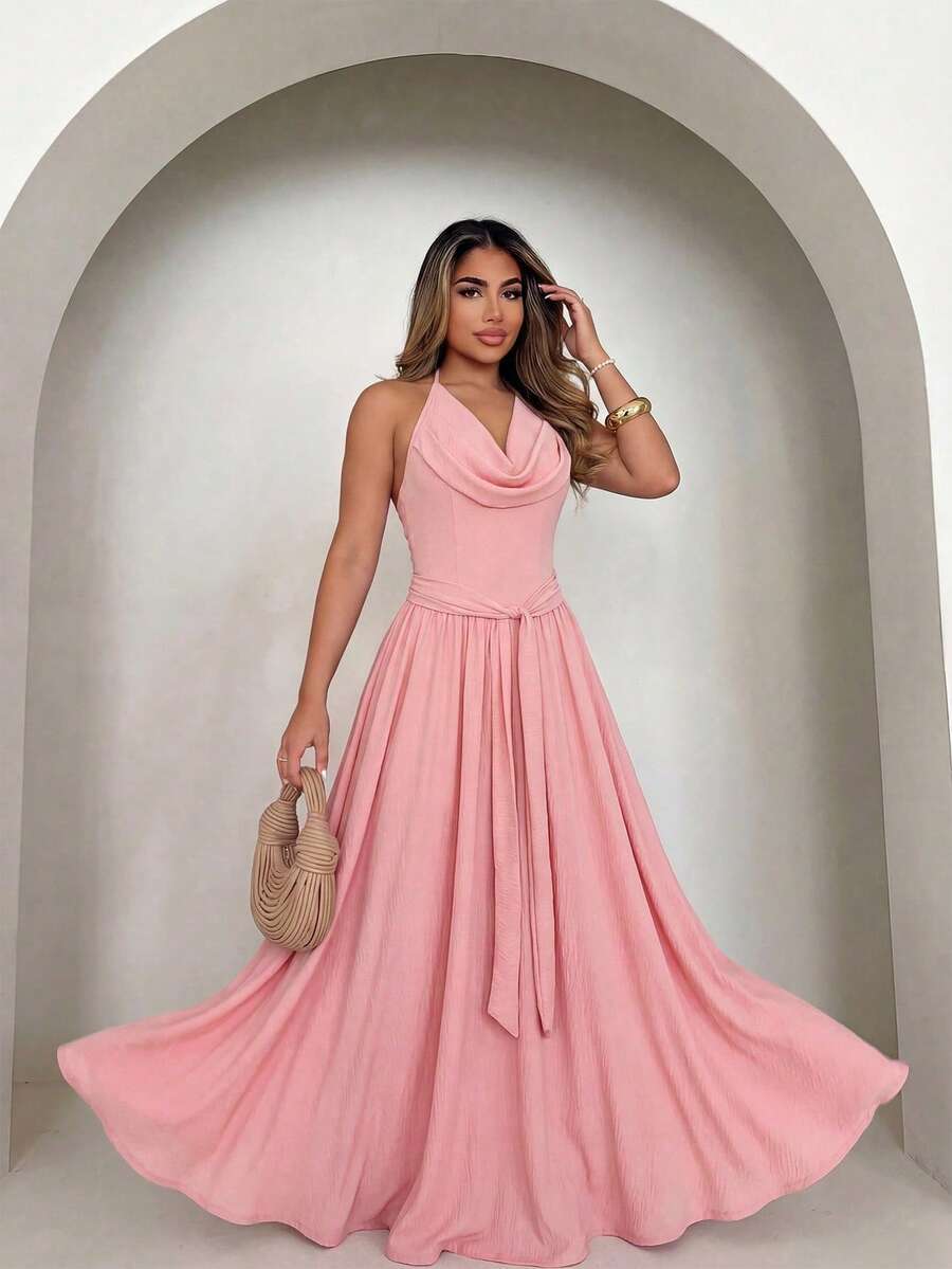 Xyvia Sleeveless Spaghetti Strap Waist Gathered A-Line Elegant Romantic Dress For Women - Dusty Pink - View 1