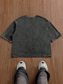 Manfinity RebelGame Men's Summer Casual Loose Fit Plus Size Plain Dark Grey T-Shirt With Snow Wash Effect Holiday - Black - View 2