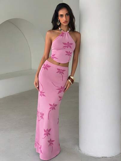 Aloruh Conjunto de 2 piezas de ropa de mujer para primavera y verano: Camiseta sin espalda con flores de cuentas en estilo sexy para vacaciones en la playa + Falda larga de punto con estampado floral