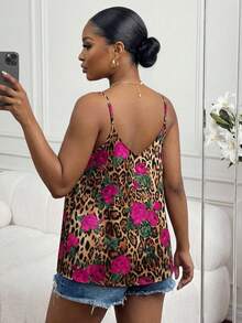 SHEIN Lady ملابس علوية كامي أنيق بطبعة الفهد والورود للصيف، قاعدة سوداء مع تصميم لحاء الدانتيل، مناسب للعطلات والمواعيد والحفلات، قمصان نسائية بطبعة الفهد والزهور والدانتيل - متعدد الألوان - View 2