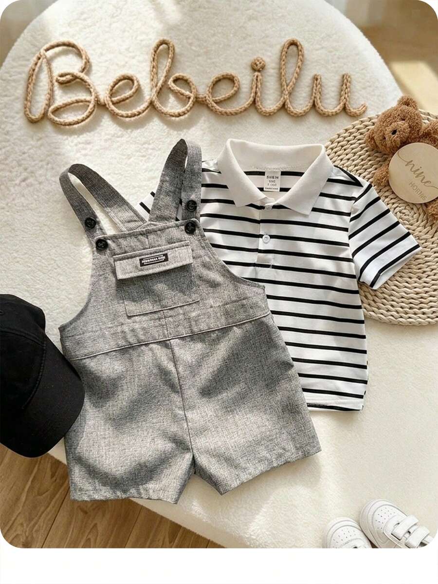 Bộ 2 món: Áo thun ngắn tay kẻ sọc hoạt hình dễ thương kiểu Hàn Quốc cho bé trai/bé gái, gồm áo thun ngắn tay và quần yếm ngắn họa tiết gấu hoạt hình, thích hợp mặc ở nhà và đi chơi vào mùa xuân và mùa hè. - Xám - Xem 1