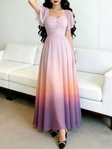 Modelyn Đầm dài dáng suông, cổ vuông, tay ngắn, in họa tiết chuyển sắc hồng, vàng, tím, thắt eo, thích hợp cho kỳ nghỉ hè và mặc hàng ngày. - Nhiều màu - Xem 4