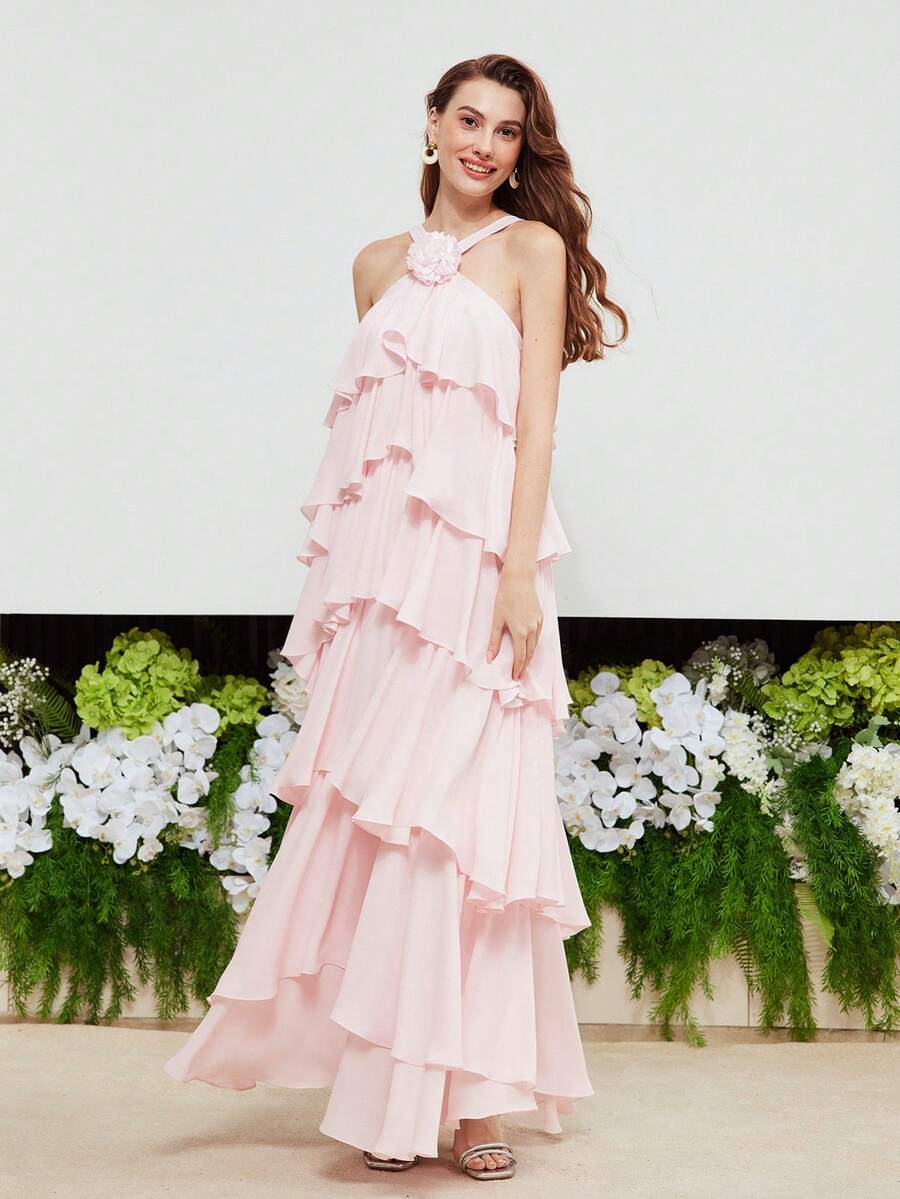 MOTF Petite LONG ROMANTIC MULTILAYER DRESS FOR DATES, VACATION IN SPRING/SUMMER ,PETITE WOMEN - Pink - View 1