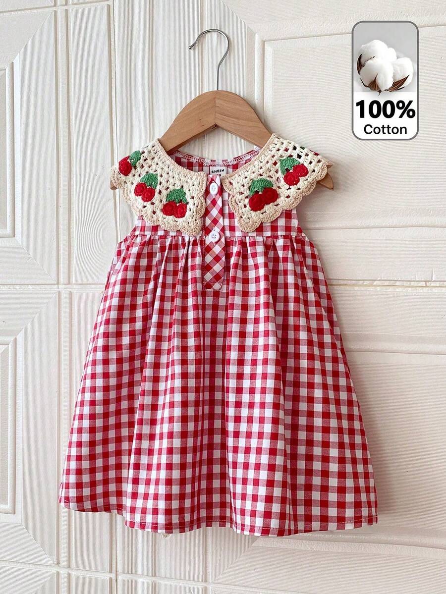 SHEIN Robe à carreaux rouges et blancs pour bébé fille, robe d'été sans manches avec col brodé de cerises, robe de princesse douce et fraîche pour le printemps/été. Vêtements de pique-nique pour bébé fille, vêtements rétro pour bébé, vêtements vintage pour l'été, robes d'été, robes de bal, robe rose - Rouge - Voir 1