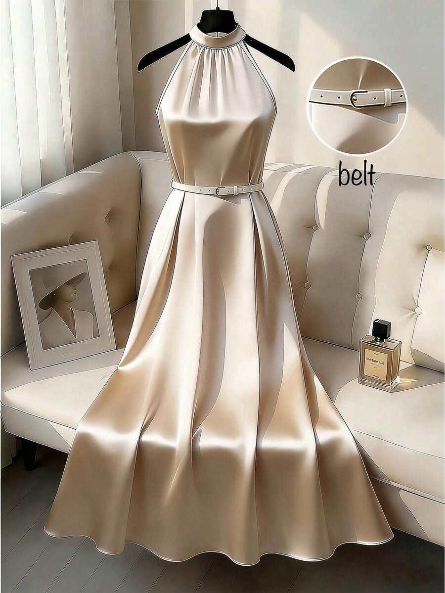 SHEIN Franclia Đầm nữ màu be dài ngang gối cổ yếm, đầm ngắn kiểu dáng tối giản với thắt lưng khóa kim loại, thích hợp cho kỳ nghỉ. - Màu be - Xem 1