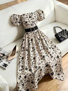 Lyxana Petal Sleeve Strapless Maxi Ditsy Floral Cinched Waist Dress - Apricot - View 1