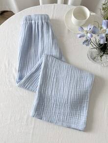 SHEIN Quần dài mùa hè mới cho bé gái, màu xanh nhạt trơn, cạp chun, kiểu dáng thường ngày, chất liệu 100% cotton, thích hợp đi nghỉ mát, quần cargo cho bé gái tuổi teen. - Màu xanh lam - Xem 9