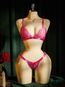 SpicyHot 2pcs Lace Bra Set,Extremely Lingerie For Women,Adult Honeymoon Date Night Outfit,Hot Pink,Summer,Sexy,Wedding Guest Lingerie Set - Hot Pink - View 5