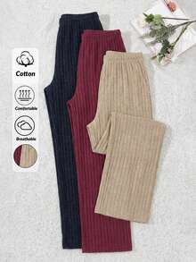 WovenCharm Plus 100%Cotton 3 Pcs Solid Knit Pant Set - Multicolor - View 2