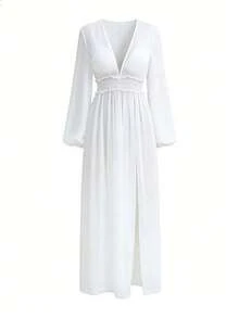 Swim Vcay Vestido pareo de playa para mujer con escote en V, manga larga, talle alto y abertura, para verano - Blanco - Ver 7