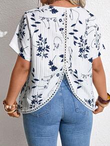 Breezaya Plus Size Women's Casual Vacation Plant Print Round Neck Short Sleeve Shirt - Multicolor - View 7