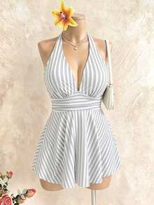 Swim Lushoire 大码女士两件式条纹印花腰部褶皱挂脖式吊带泳衣，成熟简约休闲度假泳装 - 彩色 - 查看 5