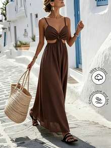 Breezaya Women's Solid Color Backless Tie Strap Dress, Vacation - Brown - View 1