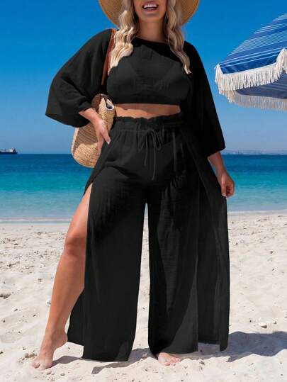 Swim Lushoire Plus Size Loose Kimono Cover Up Set, Vacation Style