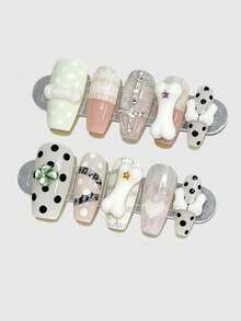 ROMWE Anime 10pcs Y2K Retro Star, Polka Dot, Striped, Pop Art, Grunge, Music Note Decorative False Nails, Handmade, Suitable For College, Music Festivals, Dates, Etc. - off-white - View 1