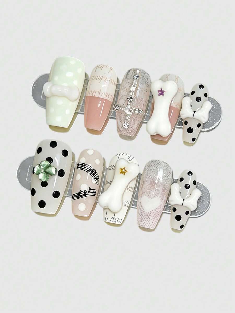 ROMWE Anime 10pcs Y2K Retro Star, Polka Dot, Striped, Pop Art, Grunge, Music Note Decorative False Nails, Handmade, Suitable For College, Music Festivals, Dates, Etc. - off-white - View 1